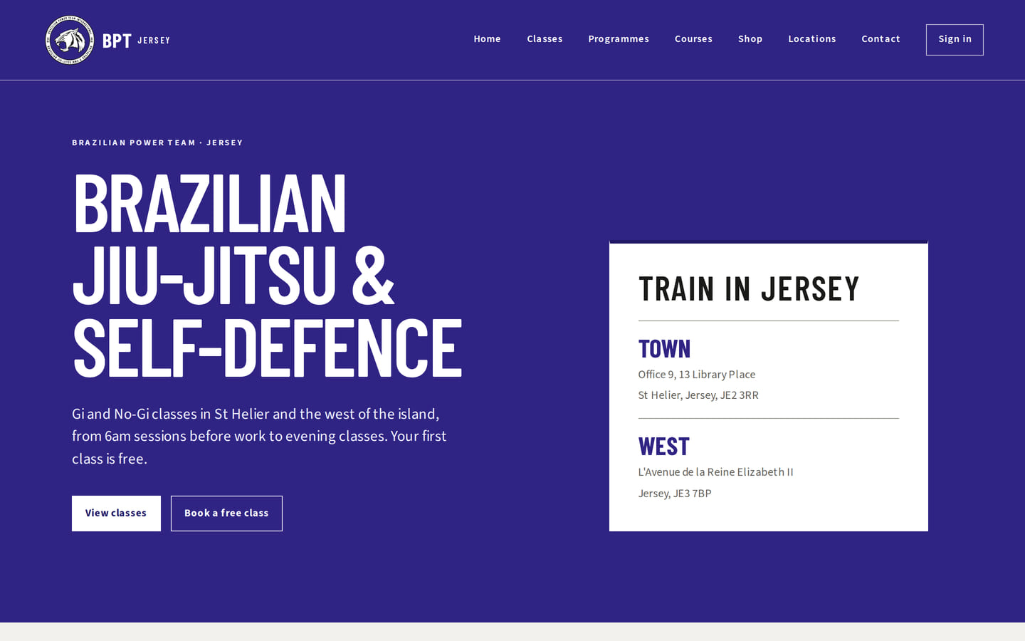 Sitio de BPT Jersey con clases de jiu-jitsu y sedes de la academia