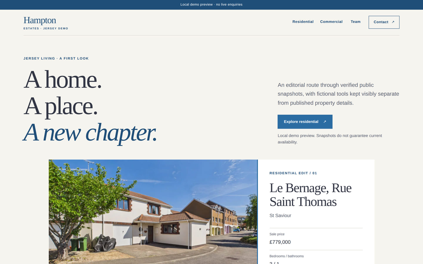 Sitio de Hampton Estates con presentación y fichas de propiedades en Jersey