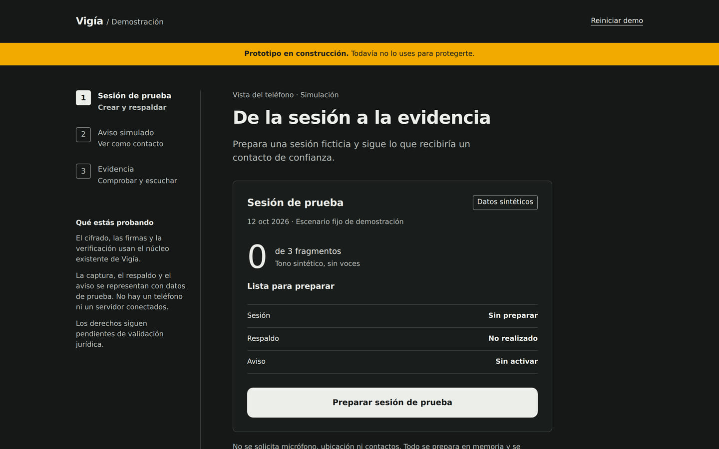Demo técnica de Vigia para registrar y verificar evidencia con datos de prueba